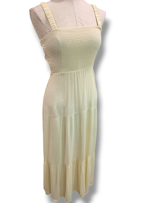 Small Forever 21 Pale Yellow Gauzy Sundress Maxi Smocked Bodice Slightly Sheer