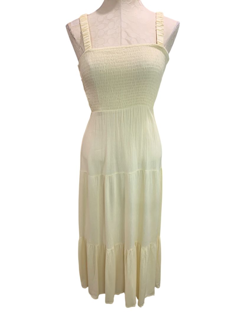 Small Forever 21 Pale Yellow Gauzy Sundress Maxi Smocked Bodice Slightly Sheer