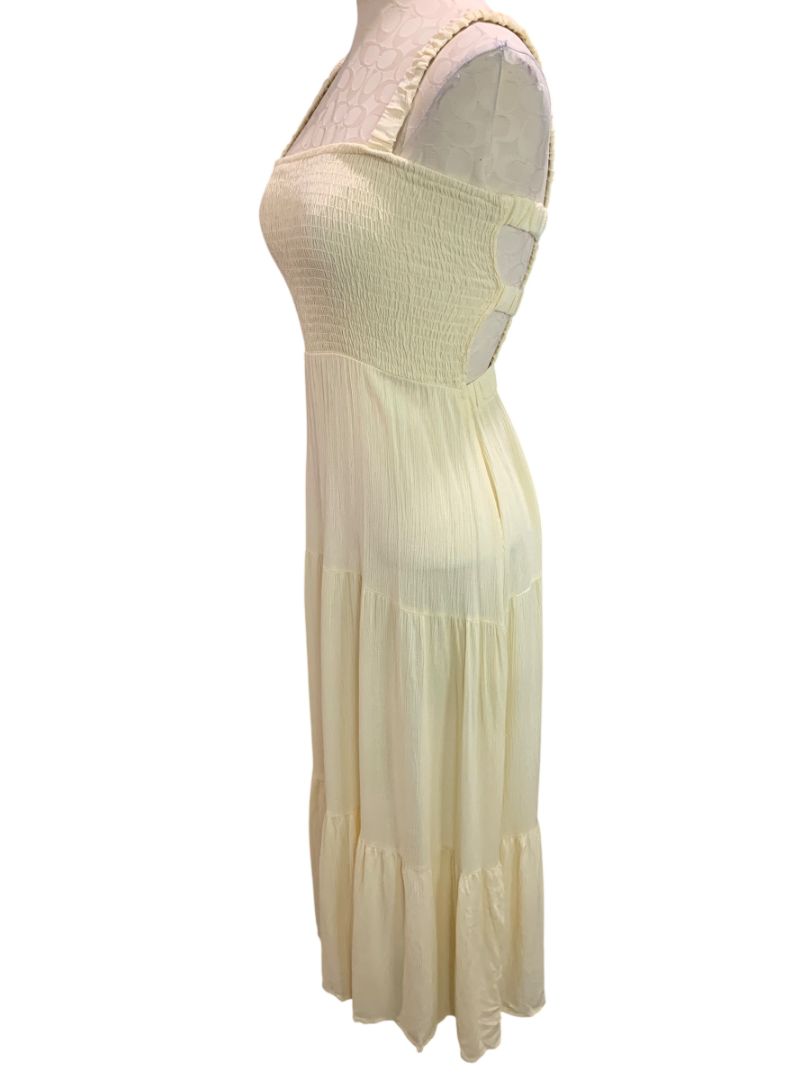Small Forever 21 Pale Yellow Gauzy Sundress Maxi Smocked Bodice Slightly Sheer