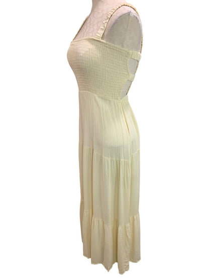 Small Forever 21 Pale Yellow Gauzy Sundress Maxi Smocked Bodice Slightly Sheer