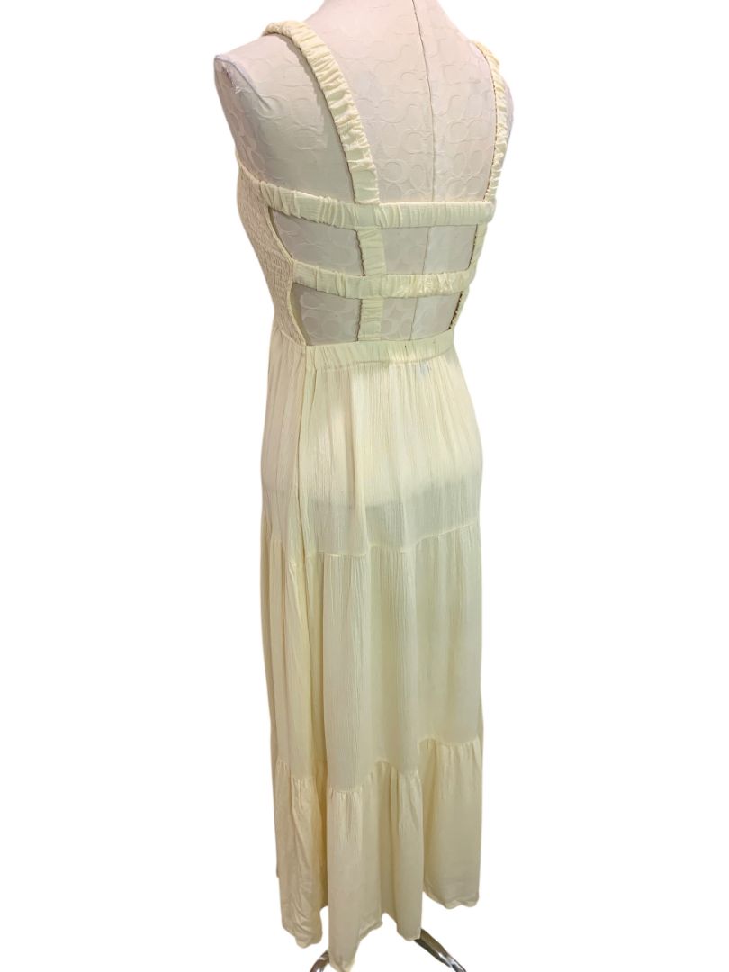 Small Forever 21 Pale Yellow Gauzy Sundress Maxi Smocked Bodice Slightly Sheer