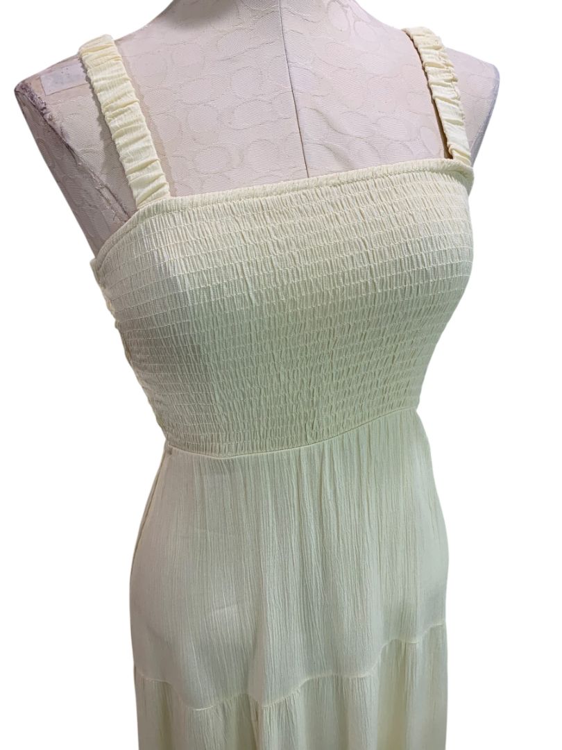 Small Forever 21 Pale Yellow Gauzy Sundress Maxi Smocked Bodice Slightly Sheer