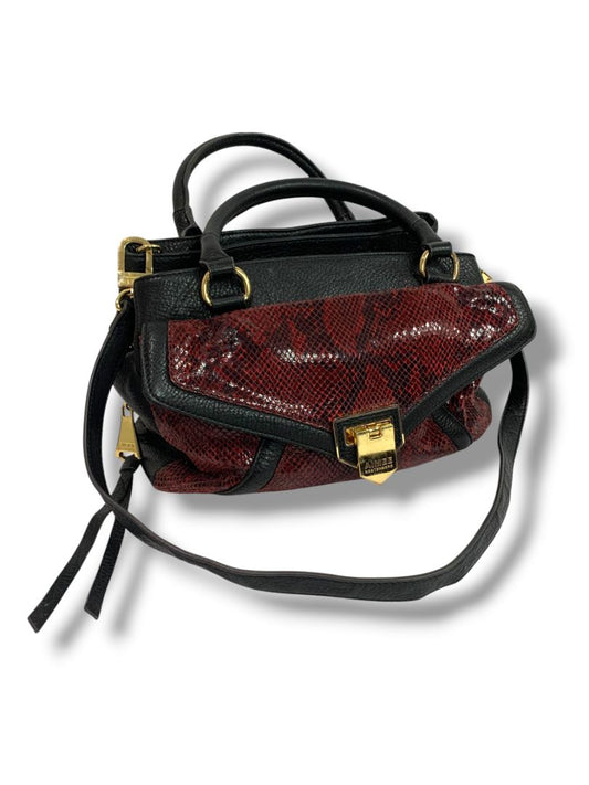 Aimee Kestenberg Satchel Handbag Black Leather Red Embossed Snakeskin Shoulder Strap Removable