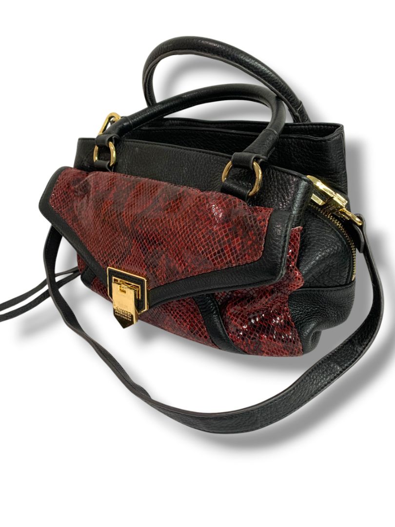 Aimee Kestenberg Satchel Handbag Black Leather Red Embossed Snakeskin Shoulder Strap Removable