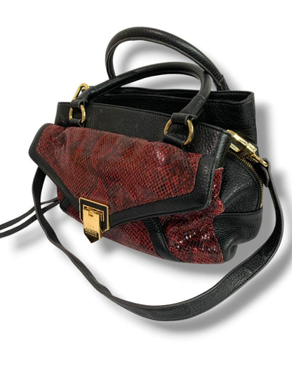 Aimee Kestenberg Satchel Handbag Black Leather Red Embossed Snakeskin Shoulder Strap Removable