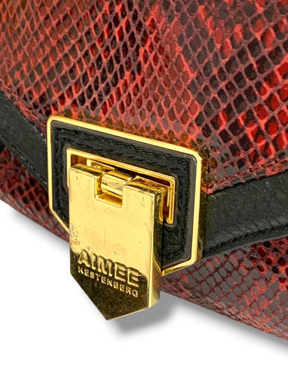 Aimee Kestenberg Satchel Handbag Black Leather Red Embossed Snakeskin Shoulder Strap Removable