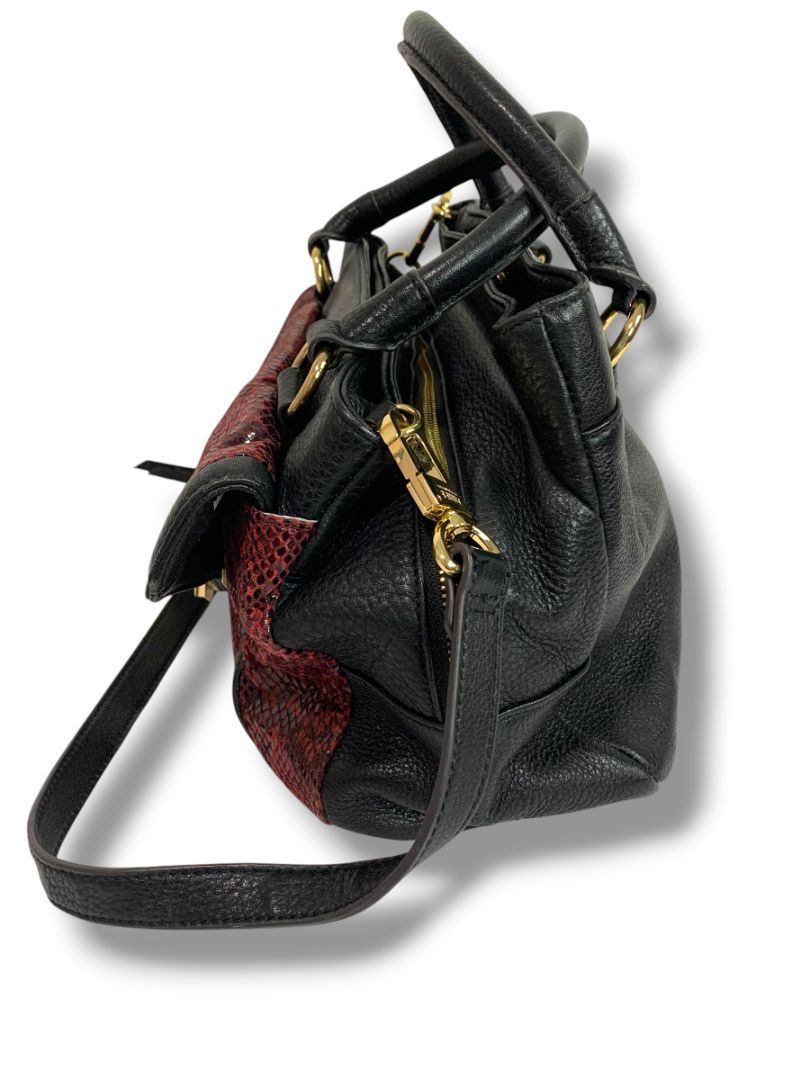 Aimee Kestenberg Satchel Handbag Black Leather Red Embossed Snakeskin Shoulder Strap Removable