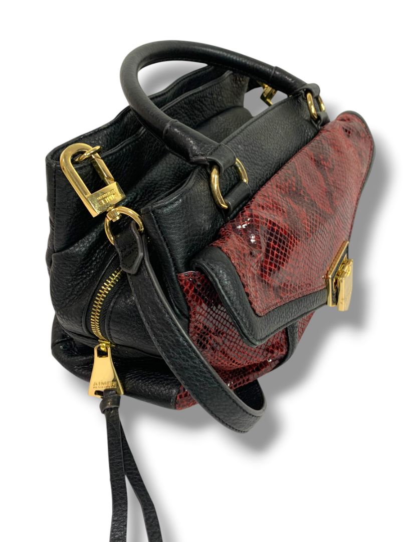Aimee Kestenberg Satchel Handbag Black Leather Red Embossed Snakeskin Shoulder Strap Removable
