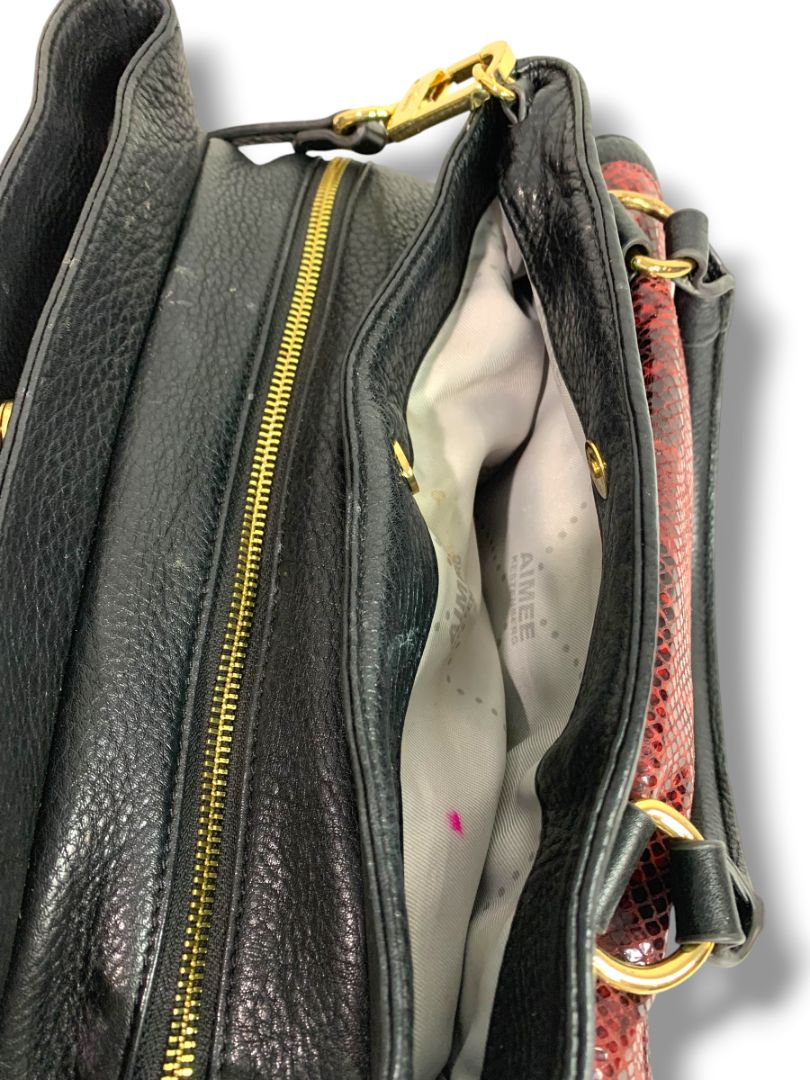 Aimee Kestenberg Satchel Handbag Black Leather Red Embossed Snakeskin Shoulder Strap Removable