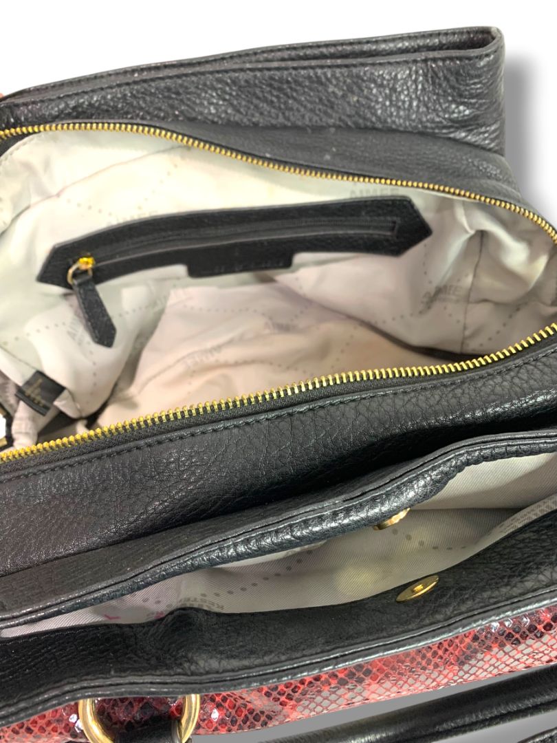 Aimee Kestenberg Satchel Handbag Black Leather Red Embossed Snakeskin Shoulder Strap Removable