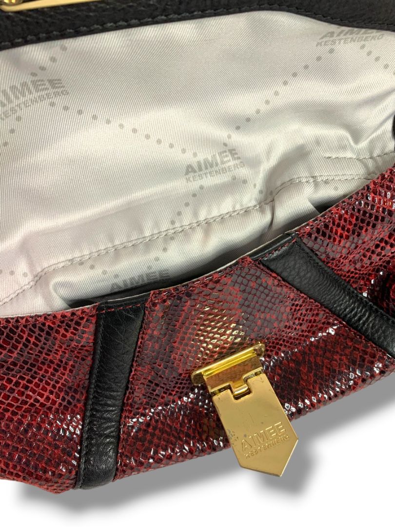 Aimee Kestenberg Satchel Handbag Black Leather Red Embossed Snakeskin Shoulder Strap Removable