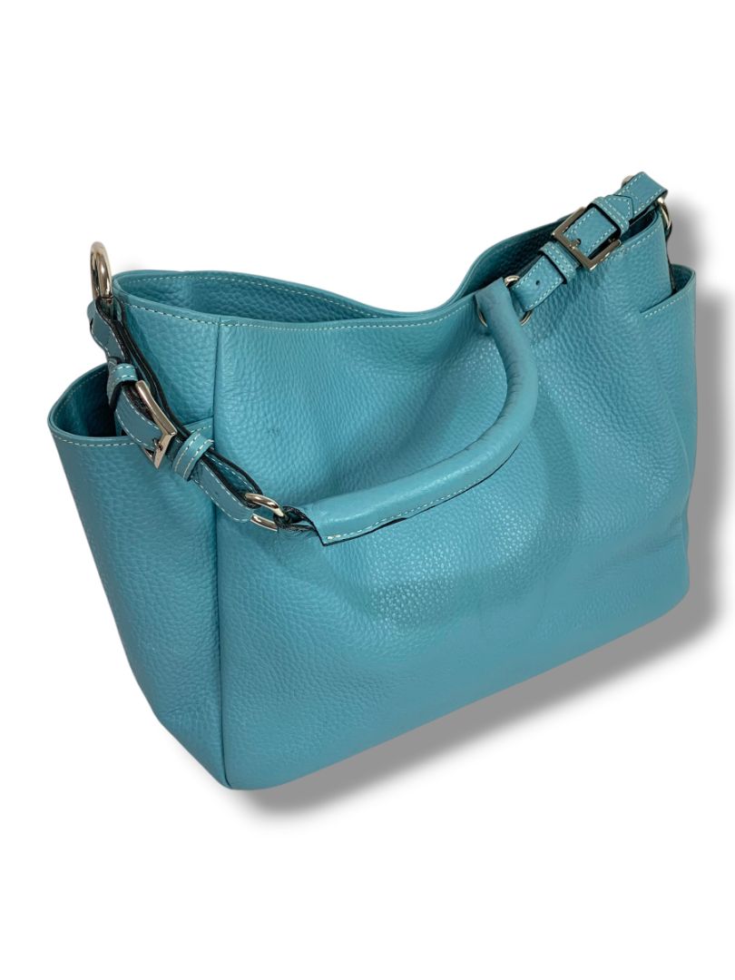 Liz Pelletterie Pebbled Leather Shoulder Hobo Bag Turquoise Made in Italy