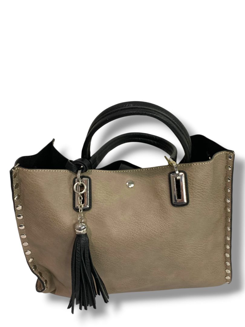 Crocs Imitation Leather New 3 in 1 Tote Bag Purse Taupe Rivets Tassel