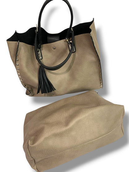 Crocs Imitation Leather New 3 in 1 Tote Bag Purse Taupe Rivets Tassel