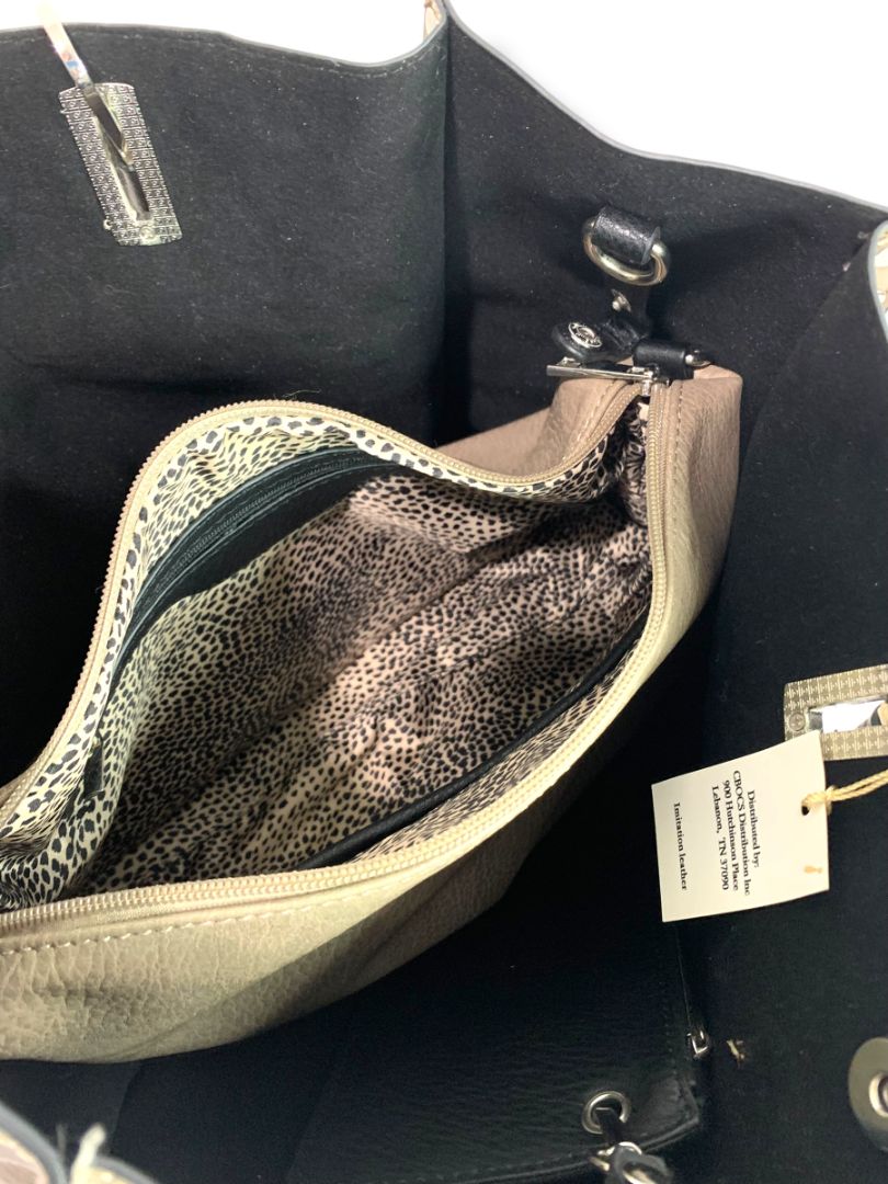 Crocs Imitation Leather New 3 in 1 Tote Bag Purse Taupe Rivets Tassel