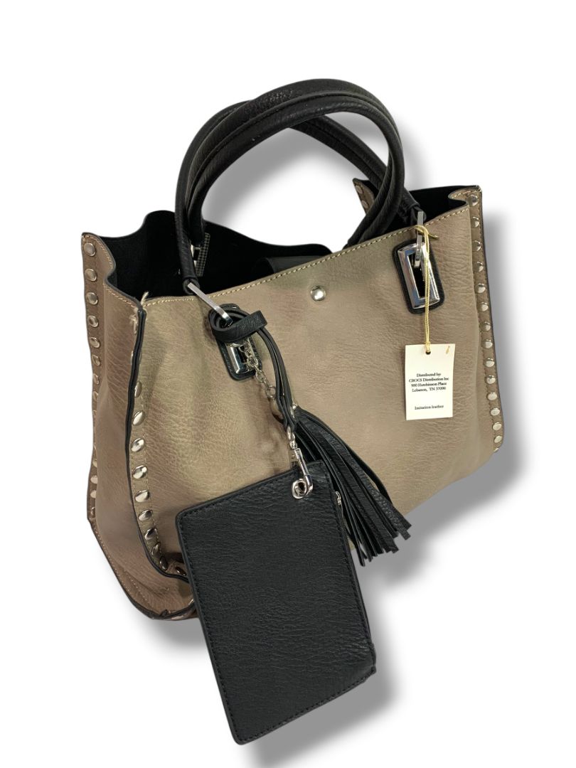 Crocs Imitation Leather New 3 in 1 Tote Bag Purse Taupe Rivets Tassel