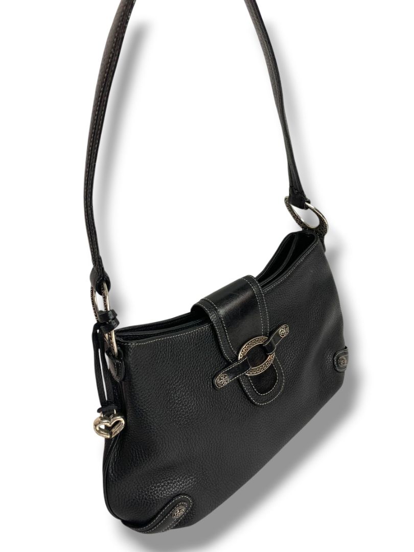 Brighton Black Pebbled Leather Handbag Shoulderbag Hobo Silvertone Hardware