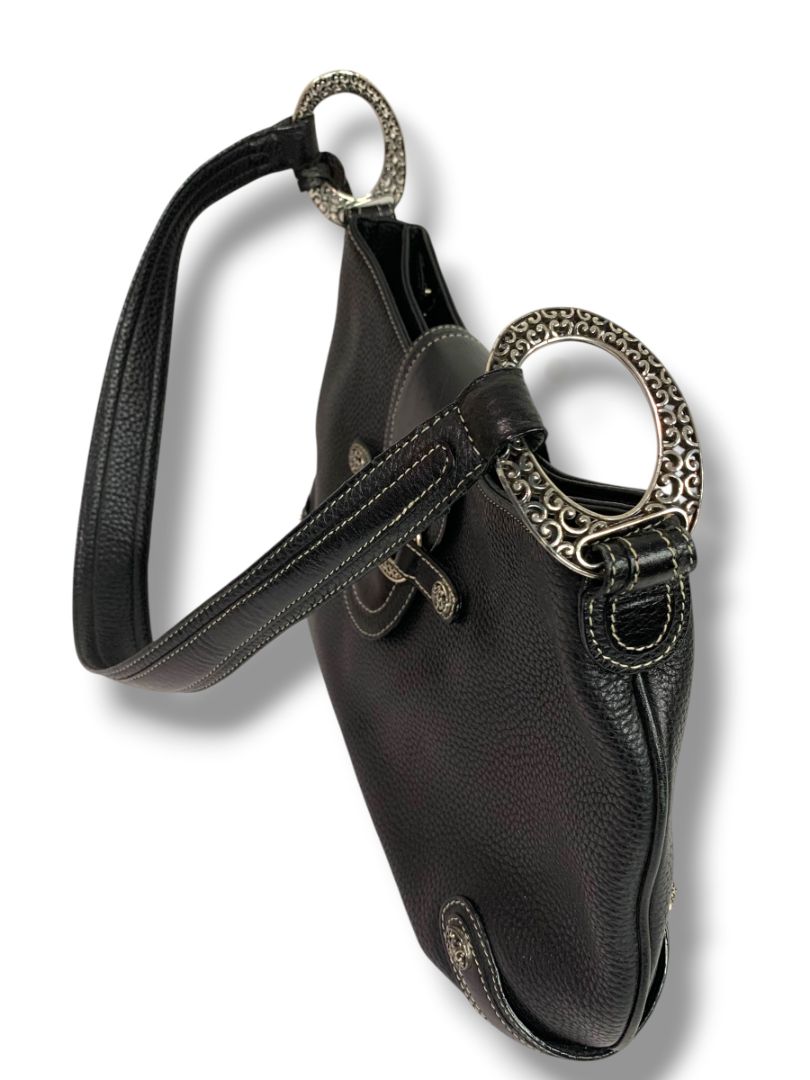 Brighton Black Pebbled Leather Handbag Shoulderbag Hobo Silvertone Hardware