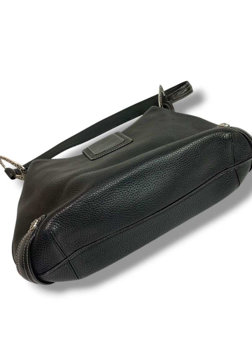 Brighton Black Pebbled Leather Handbag Shoulderbag Hobo Silvertone Hardware