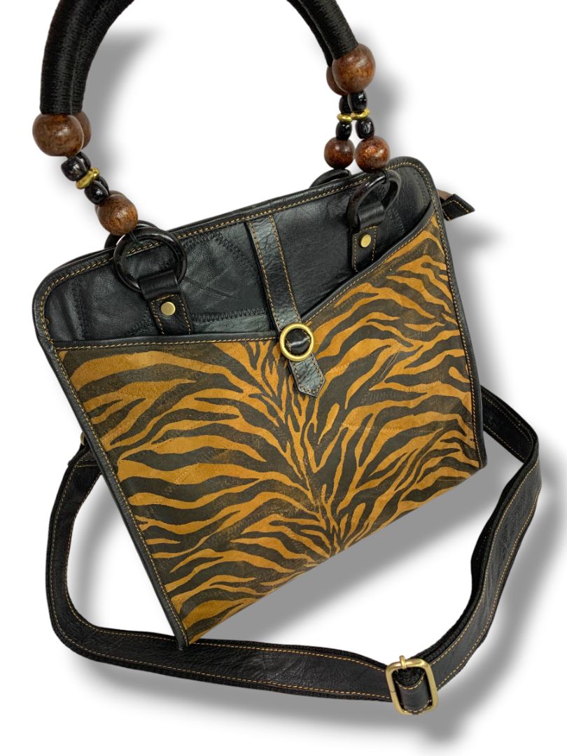 Vaan & Co Upcycled Pieced Leather Fabric Handbag Satchel Crossbody