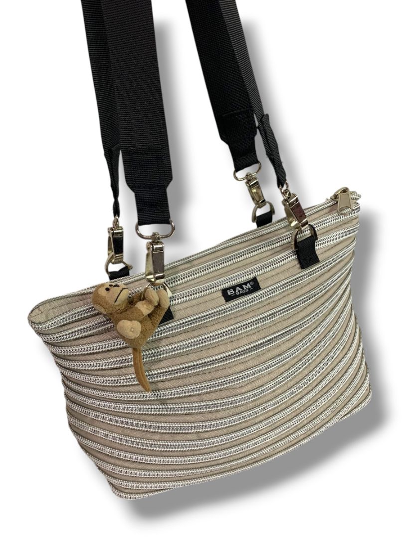 Bam Bags Zipper Purse Beige Silver Tote  Bag Purse Flat Bottom