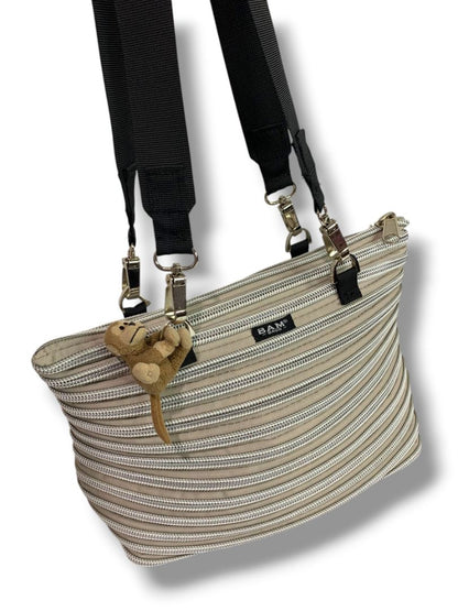 Bam Bags Zipper Purse Beige Silver Tote  Bag Purse Flat Bottom