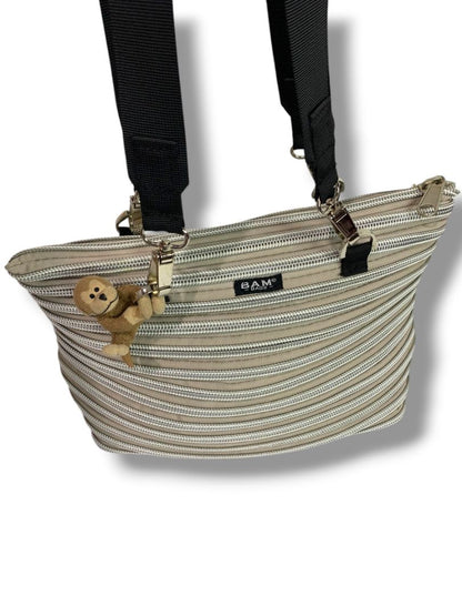 Bam Bags Zipper Purse Beige Silver Tote  Bag Purse Flat Bottom