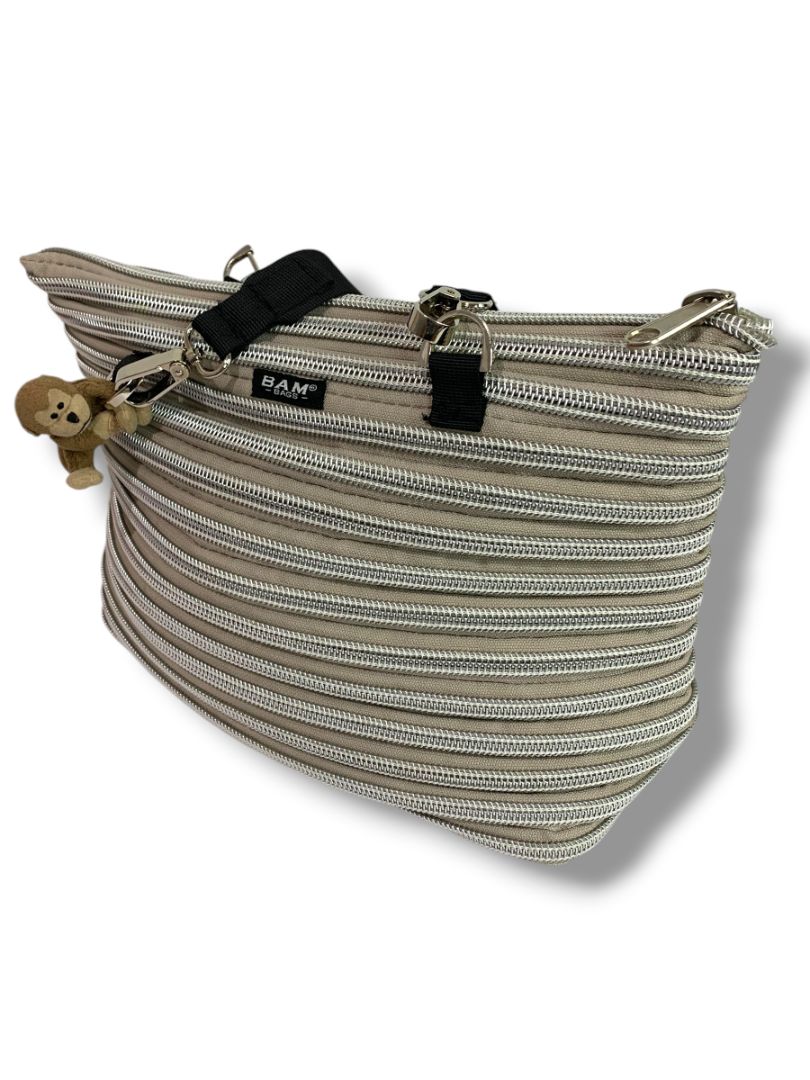 Bam Bags Zipper Purse Beige Silver Tote  Bag Purse Flat Bottom