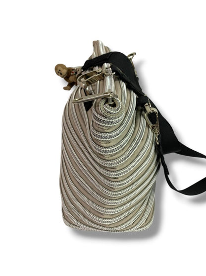 Bam Bags Zipper Purse Beige Silver Tote  Bag Purse Flat Bottom