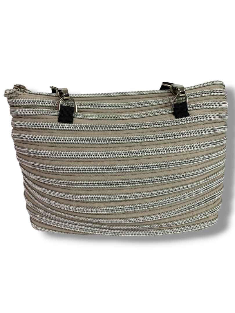 Bam Bags Zipper Purse Beige Silver Tote  Bag Purse Flat Bottom