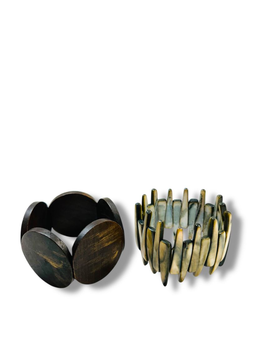 Lot of 2 Stretch Bracelets Boho Style Wooden Circle Spikey Shell