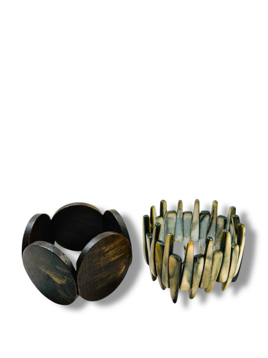 Lot of 2 Stretch Bracelets Boho Style Wooden Circle Spikey Shell