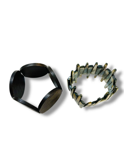 Lot of 2 Stretch Bracelets Boho Style Wooden Circle Spikey Shell