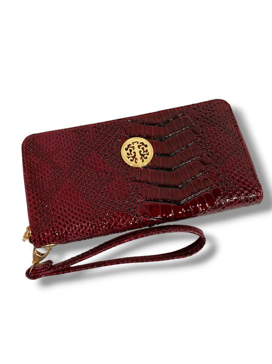Sasha Red Zip Around Wristlet Wallet Embossed Croc Print Patent Faux Leather