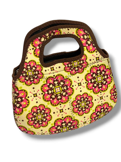 Neoprene Lunch Tote Yellow Pink Floral Handles 8" x 11" Zip Top
