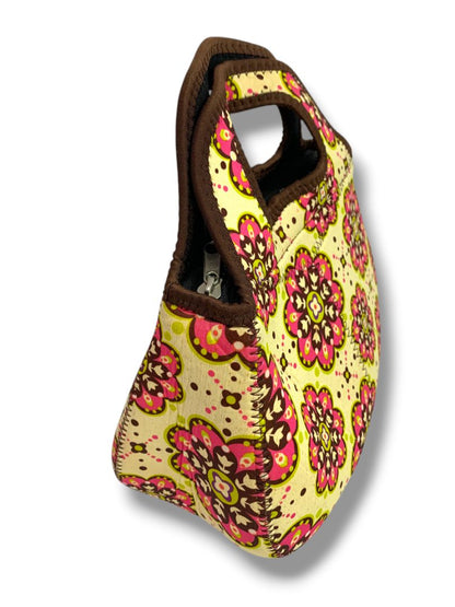 Neoprene Lunch Tote Yellow Pink Floral Handles 8" x 11" Zip Top