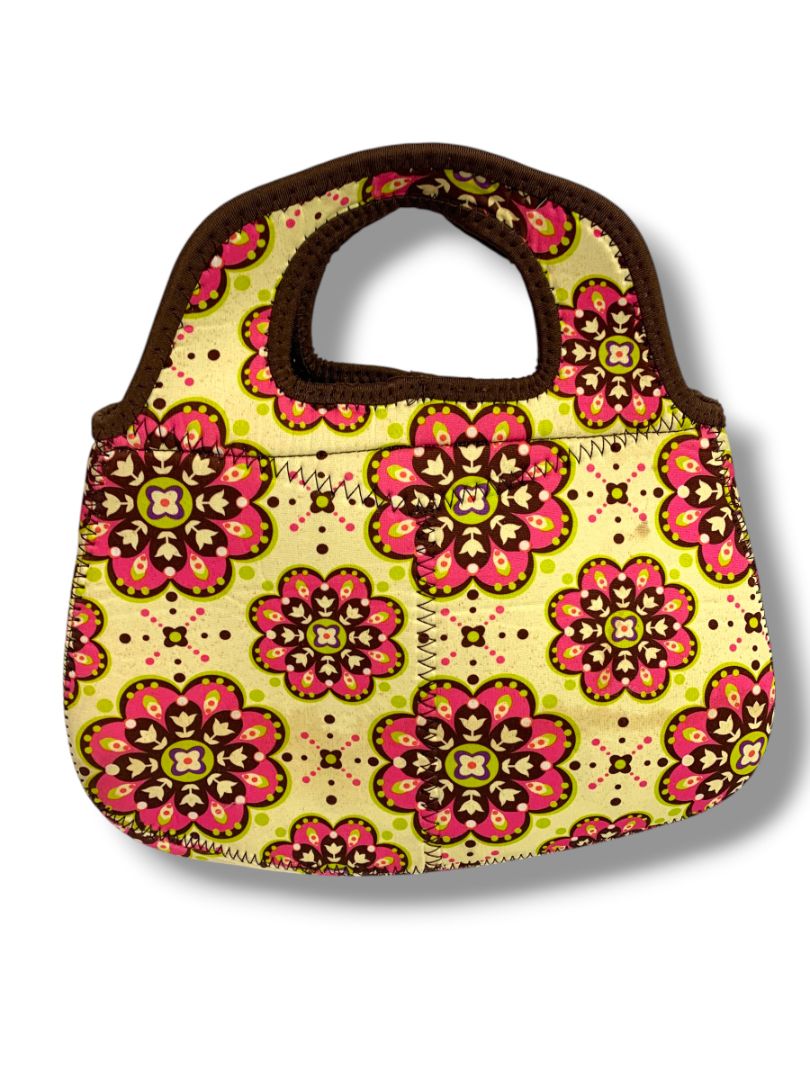 Neoprene Lunch Tote Yellow Pink Floral Handles 8" x 11" Zip Top
