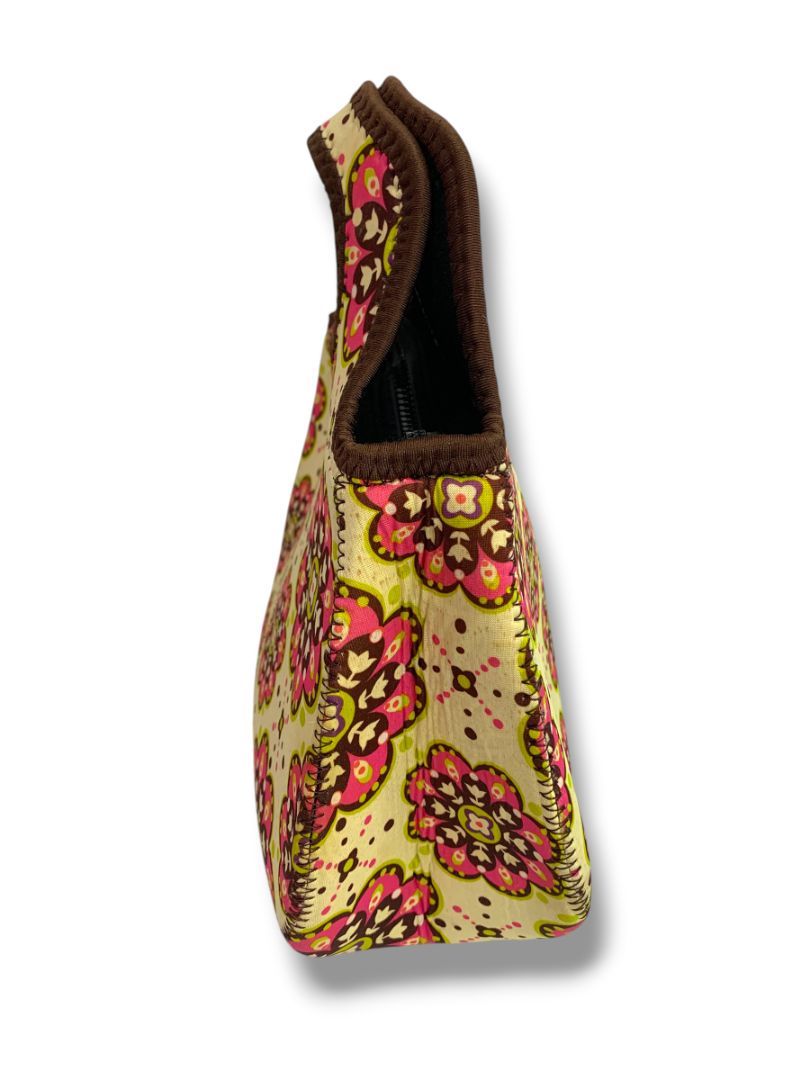 Neoprene Lunch Tote Yellow Pink Floral Handles 8" x 11" Zip Top