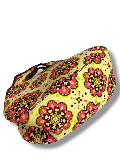 Neoprene Lunch Tote Yellow Pink Floral Handles 8" x 11" Zip Top