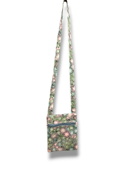Floral Fabric Crossbody Bag Front Zip Succulents Pastel