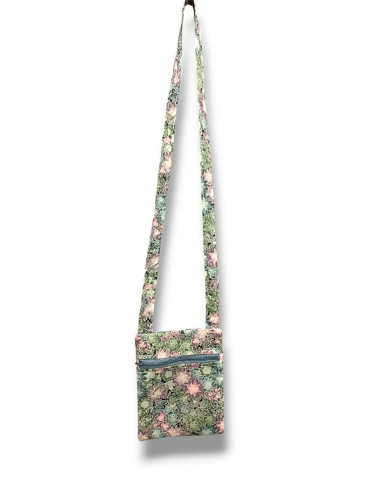Floral Fabric Crossbody Bag Front Zip Succulents Pastel