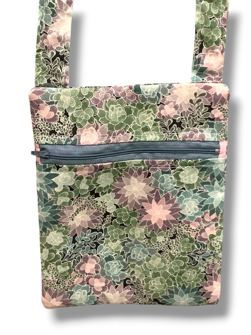 Floral Fabric Crossbody Bag Front Zip Succulents Pastel