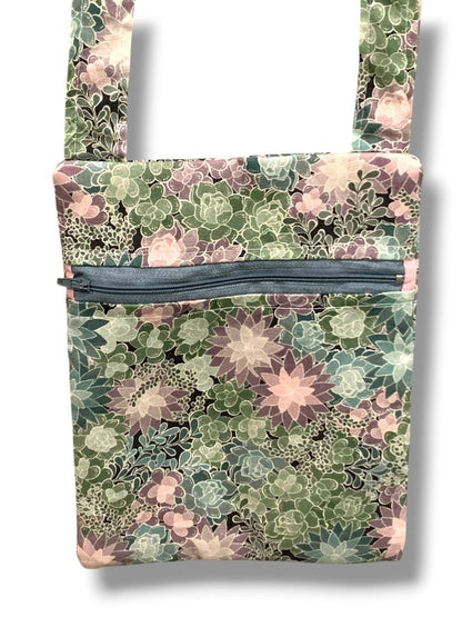Floral Fabric Crossbody Bag Front Zip Succulents Pastel