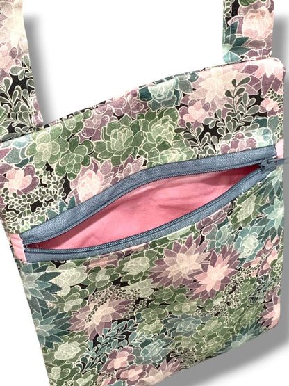 Floral Fabric Crossbody Bag Front Zip Succulents Pastel