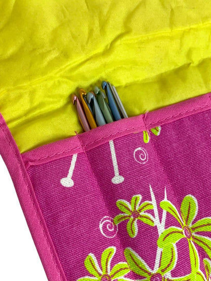 Simply Knitting Needle Case Fabric Hot Pink Green Floral with Needles