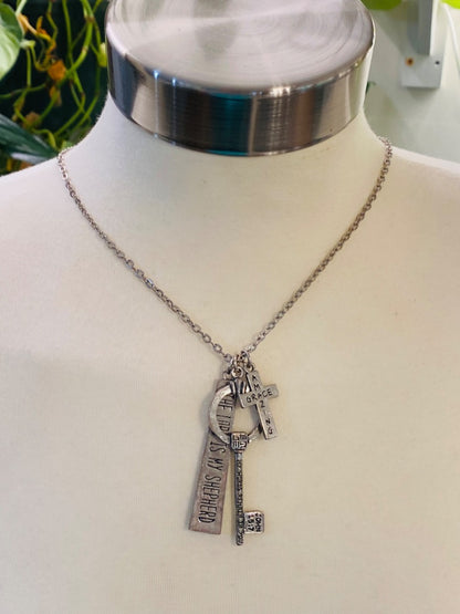 Christian Necklace Silvertone 3 Pendant Cross Key Amazing Grace Religious Lobster Clasp 36" Chain