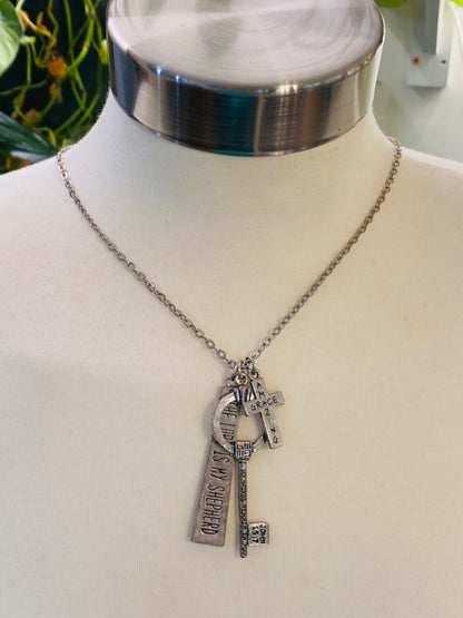 Christian Necklace Silvertone 3 Pendant Cross Key Amazing Grace Religious Lobster Clasp 36" Chain