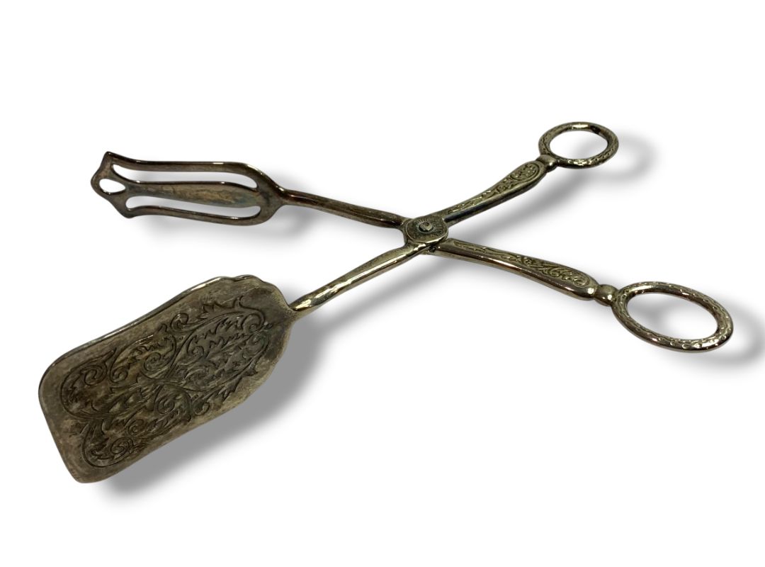 Vintage Silverplate Ornate Dessert Serving Tongs Zinc Alloy 8.5"