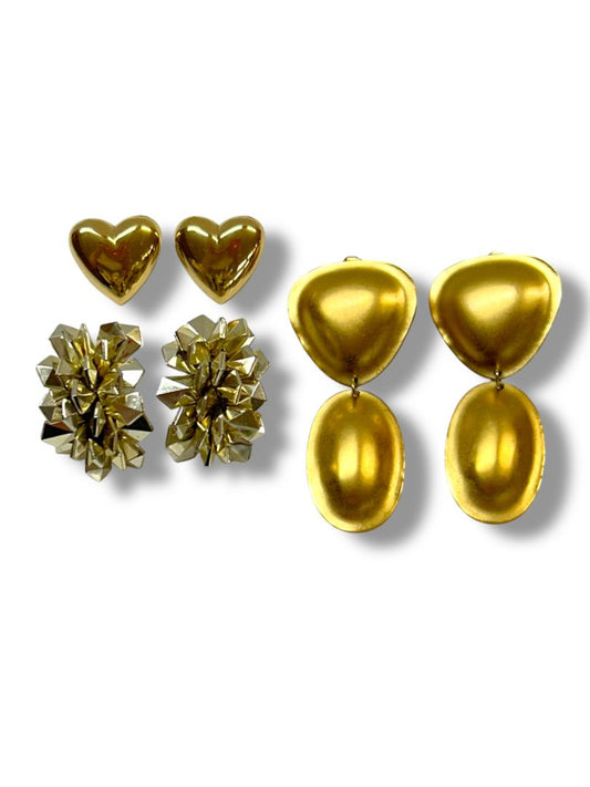 Lot of 3 Vintage Goldtone Post Pierced Earrings Statement Heart Disco