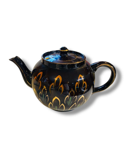 Vintage Ceramic Teapot Made in England Deep Brown Orange Gold